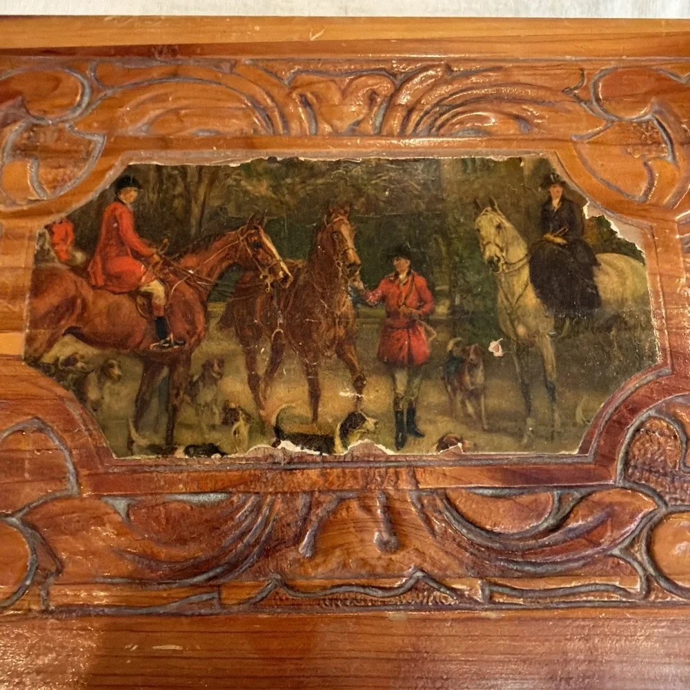 Vtg Carved Decoupage Horse Pic Cedar Dove Tailed Mirrored‎ Keepsake Jewelry Box